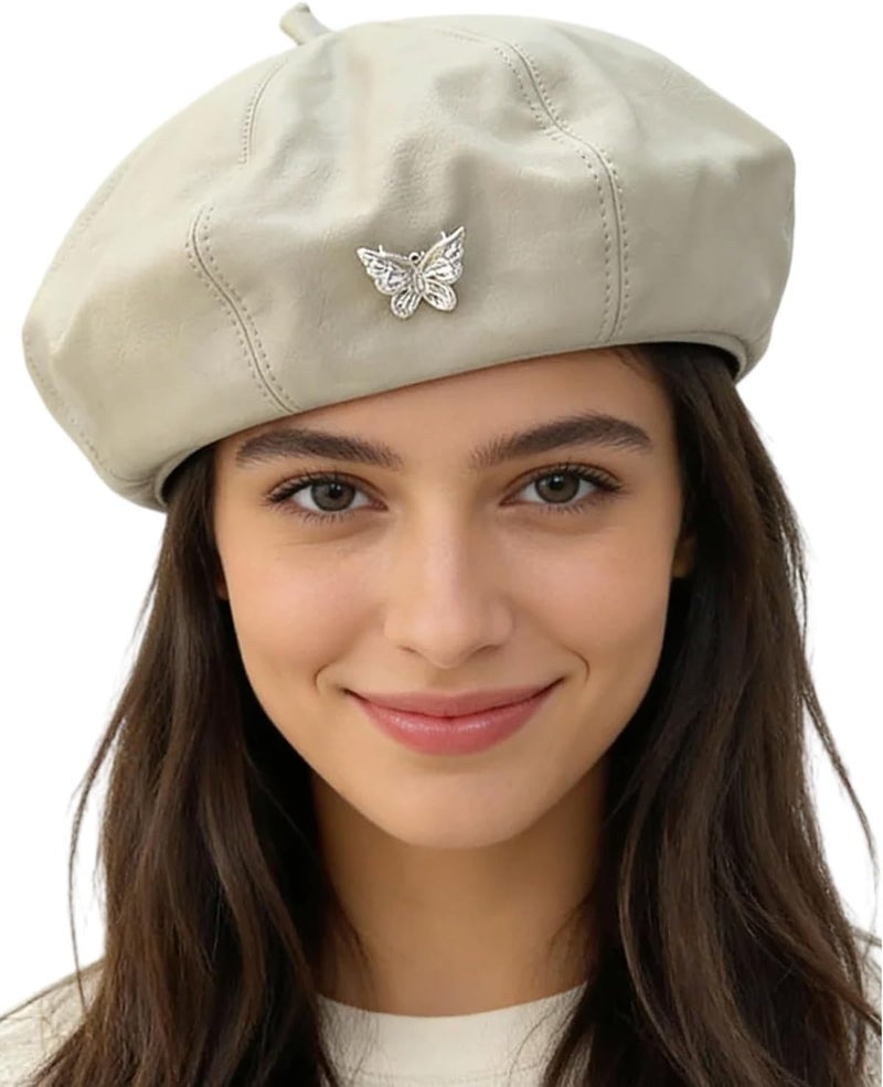 MINGSEECESS Women PU Leather French Black Beret Hat Causal Beanie Hat - Image 1